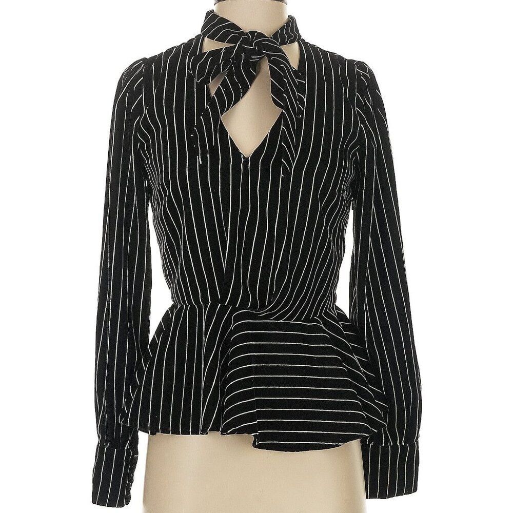 N12H Madison Black Velvet Peplum Blouse/White Pinstripes Bow Long Sleeve-Sz 2-4